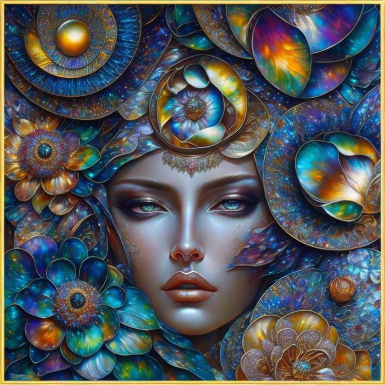 Stylized woman's face with vibrant floral and celestial motifs