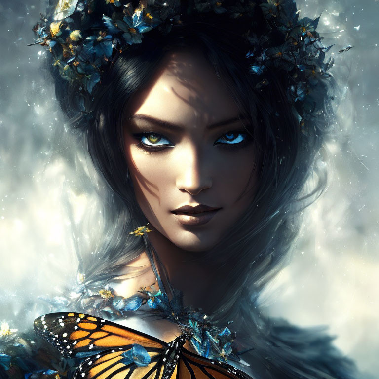 Digital artwork featuring woman with floral crown, blue eyes, and butterfly.