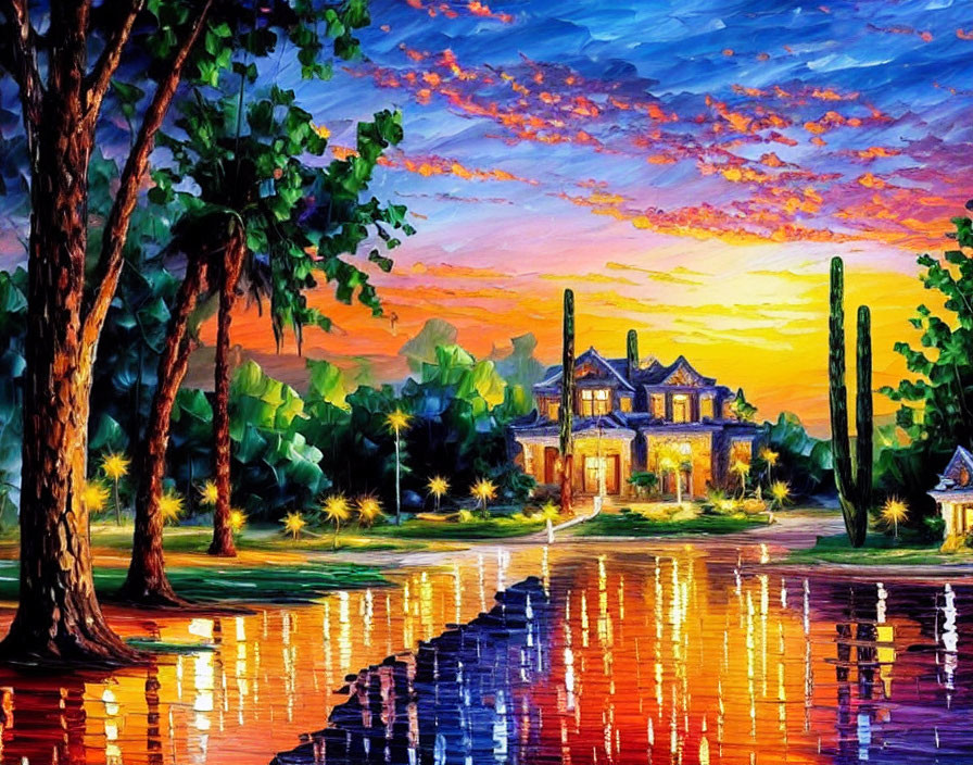 Colorful Lakeside House Painting at Sunset