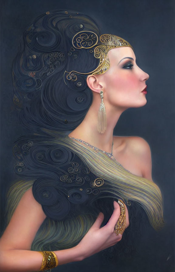 Art Nouveau style illustration of woman with wavy hair and gold jewelry.