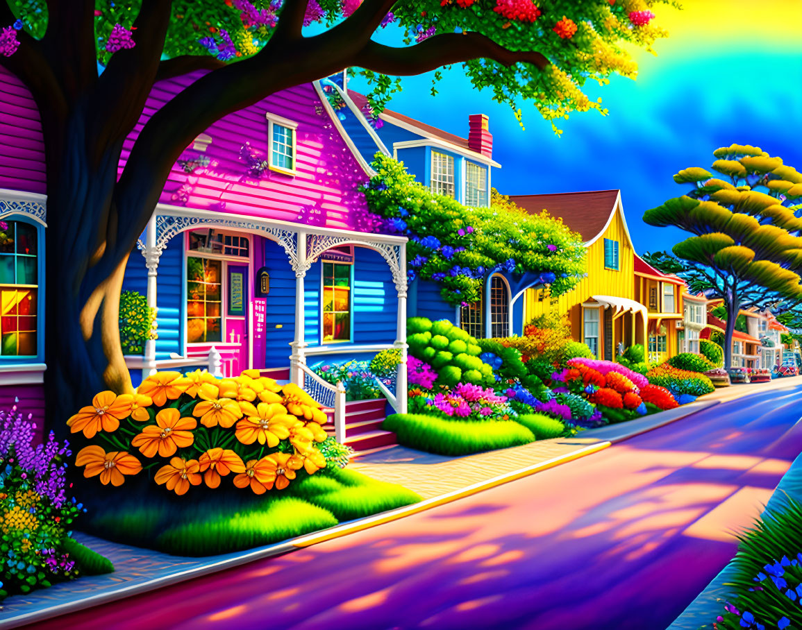 Colorful Houses and Lush Landscaping on Vibrant Street