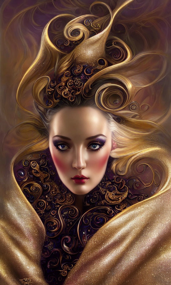 Illustrated portrait of a woman with golden hair, purple eyes, and gold cloak