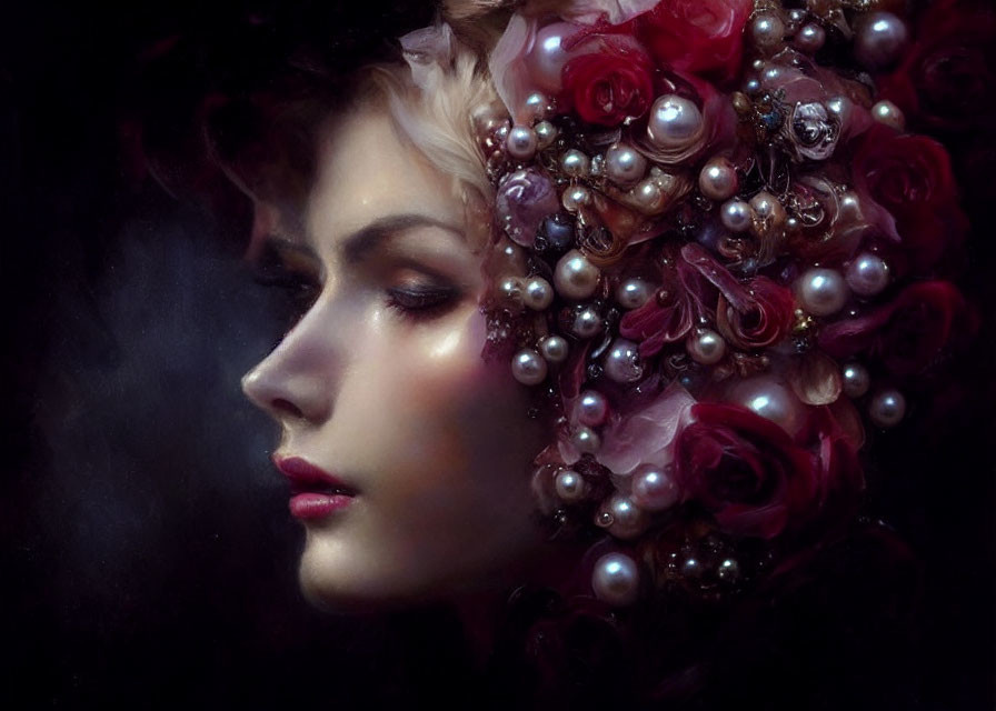 Woman's profile with rose and pearl headpiece on dark background