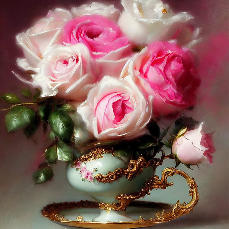 Pink and White Roses in Gold-trimmed Porcelain Vase on Saucer
