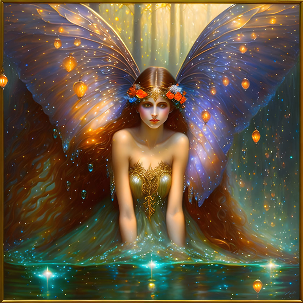 Mystical fairy with butterfly-like wings and golden crown above shimmering water