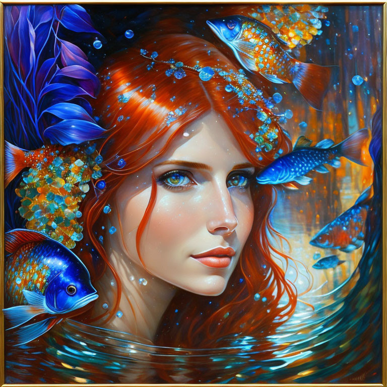 Vibrant painting of woman with red hair in underwater scene