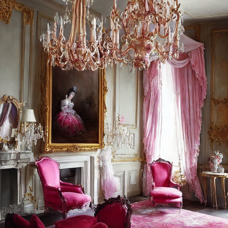 Elegant Vintage Room with Pink Velvet Chairs & Ornate Chandelier