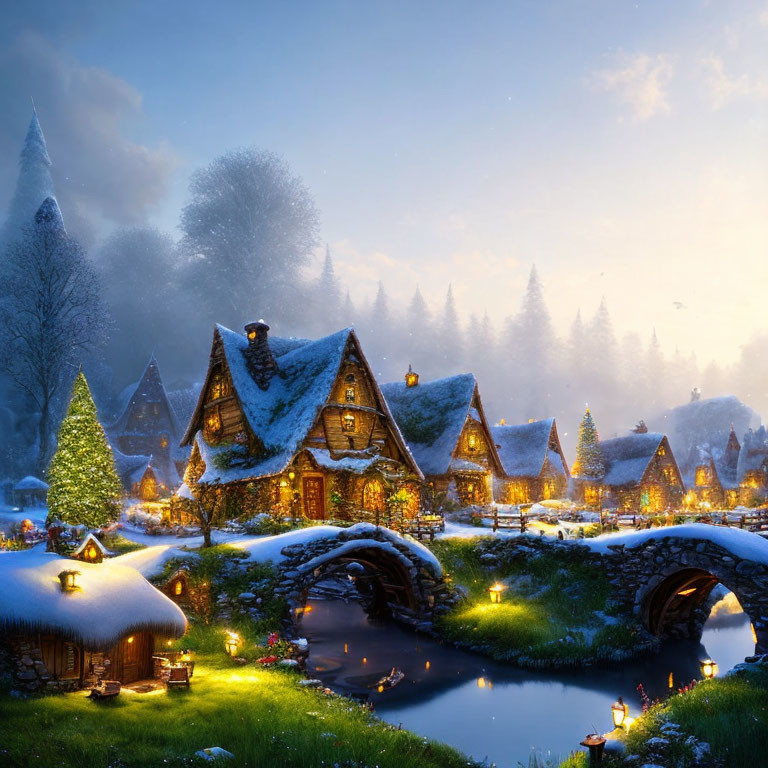 Snow-covered winter village scene with cozy cottages, stone bridge, and glowing lights.