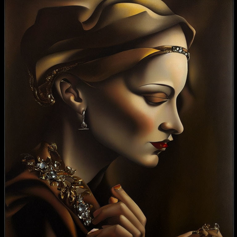 Stylized portrait of woman in jeweled turban & attire on dark backdrop