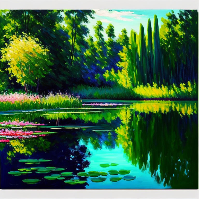 Tranquil pond with water lilies and lush greenery