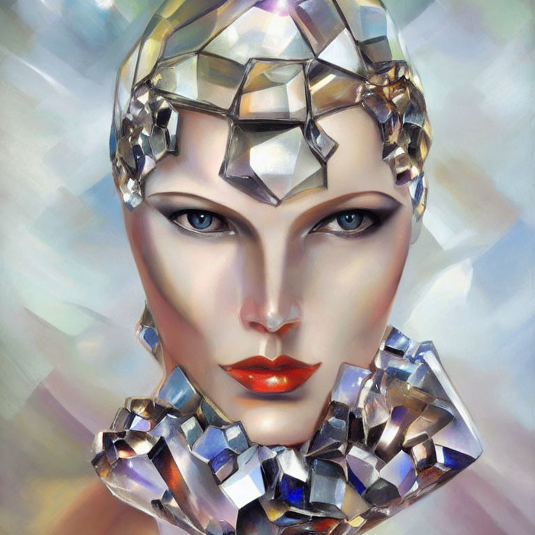 Stylized portrait of a woman with metallic headpiece and jewelry on multicolored background