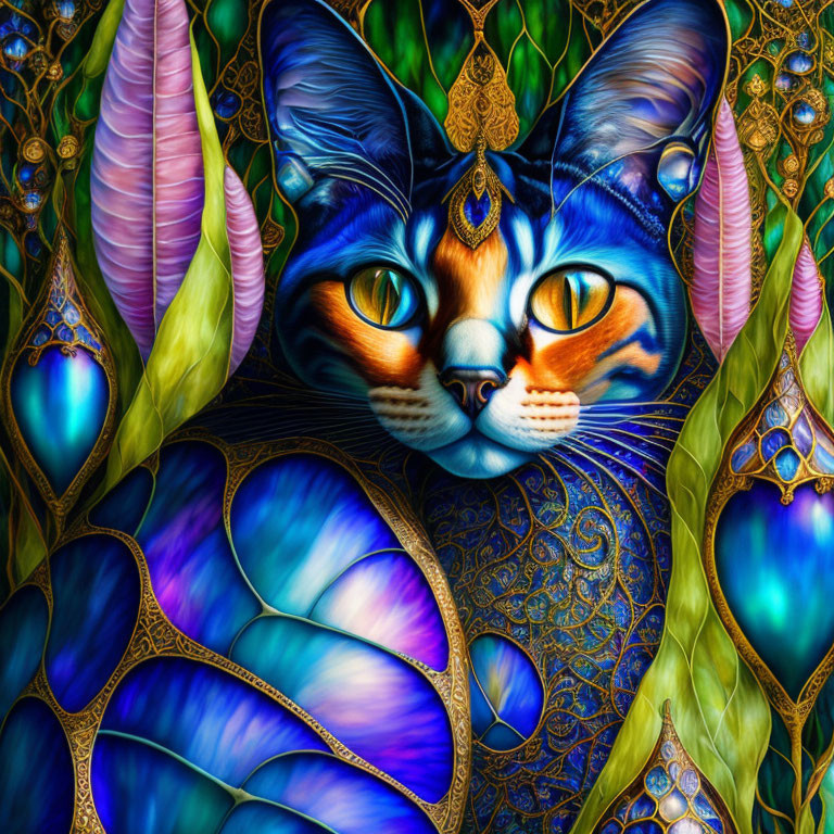 Vibrant Cat Illustration with Fantastical Design