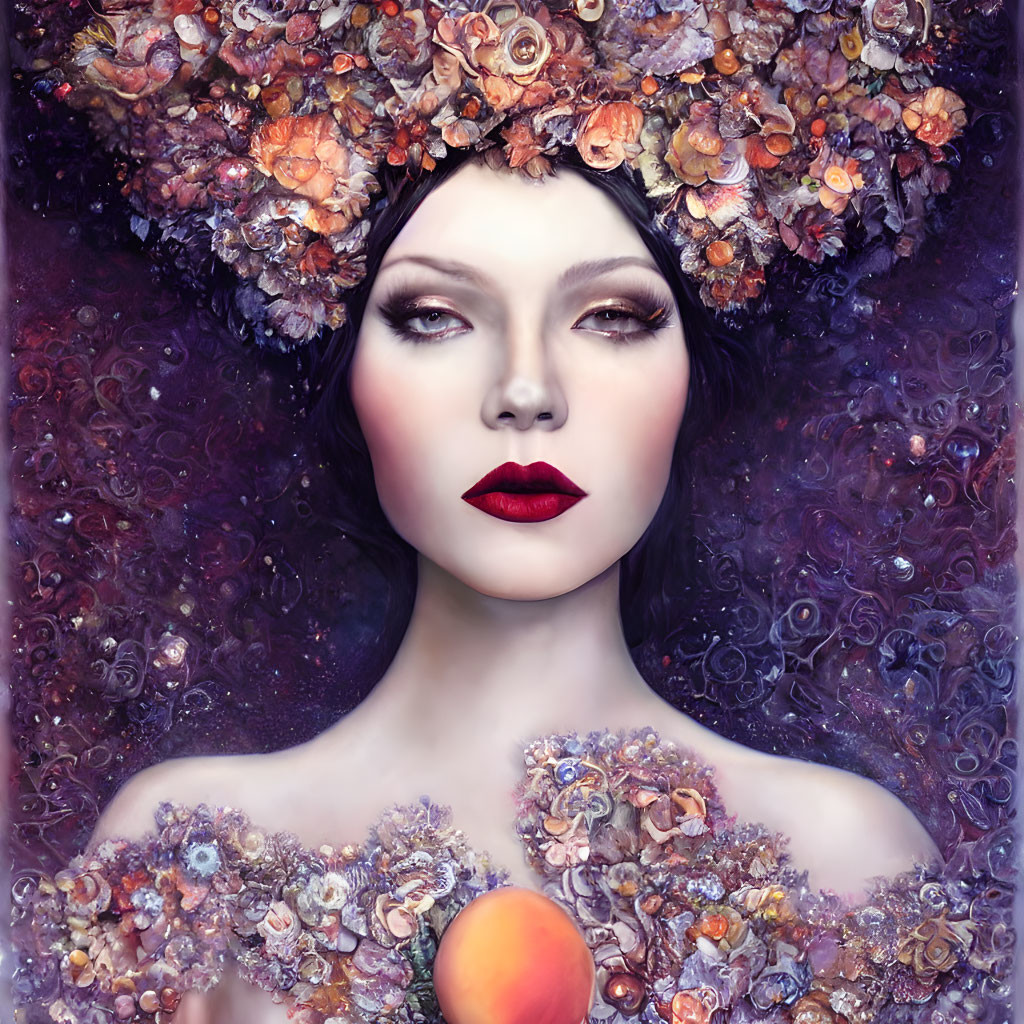 Colorful Woman Portrait with Floral Crown and Cosmic Background