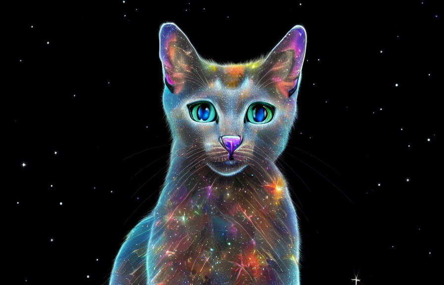 Digital Cosmic Cat with Starry Space Pattern and Blue Eyes on Night Sky Background