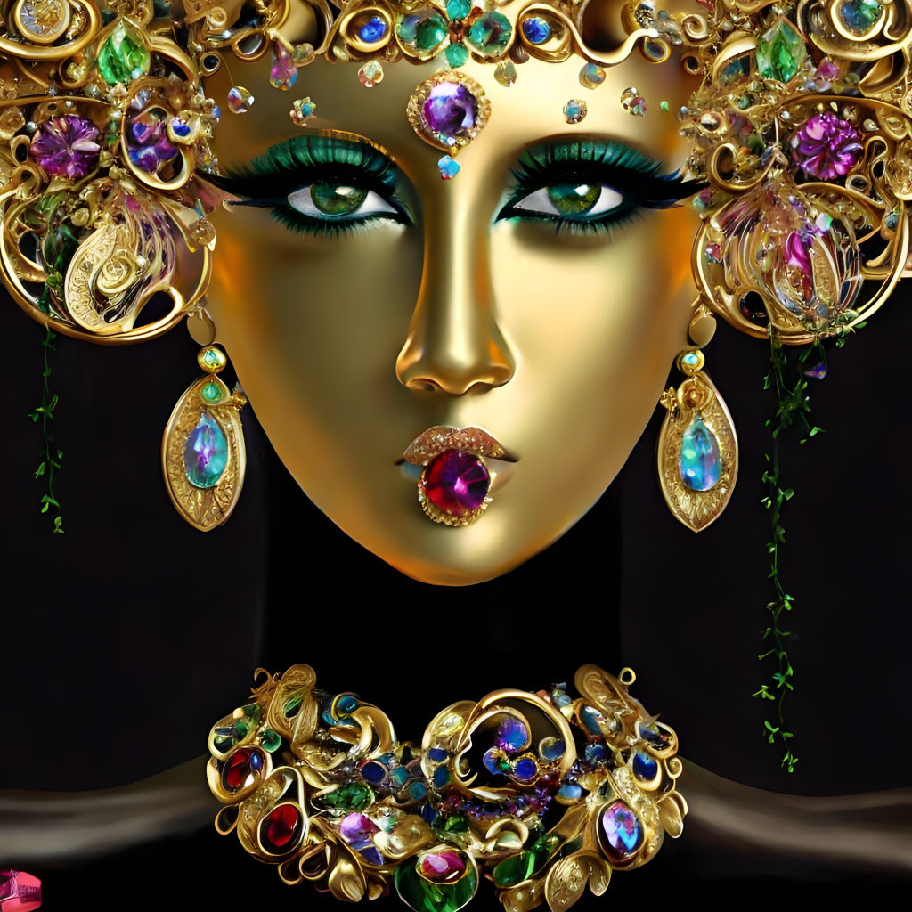 Luxurious digital artwork featuring a face with golden jewelry and colorful gemstones