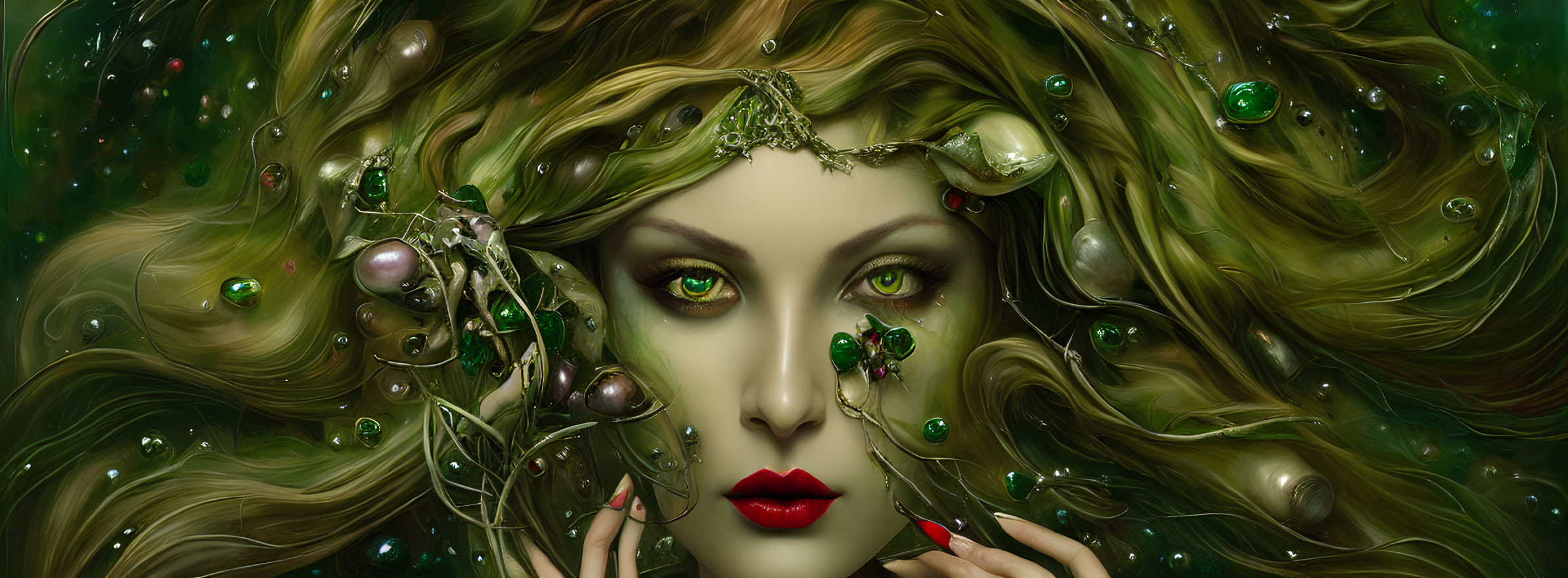 Fantasy artwork: Woman with swirling green hair and captivating green eyes