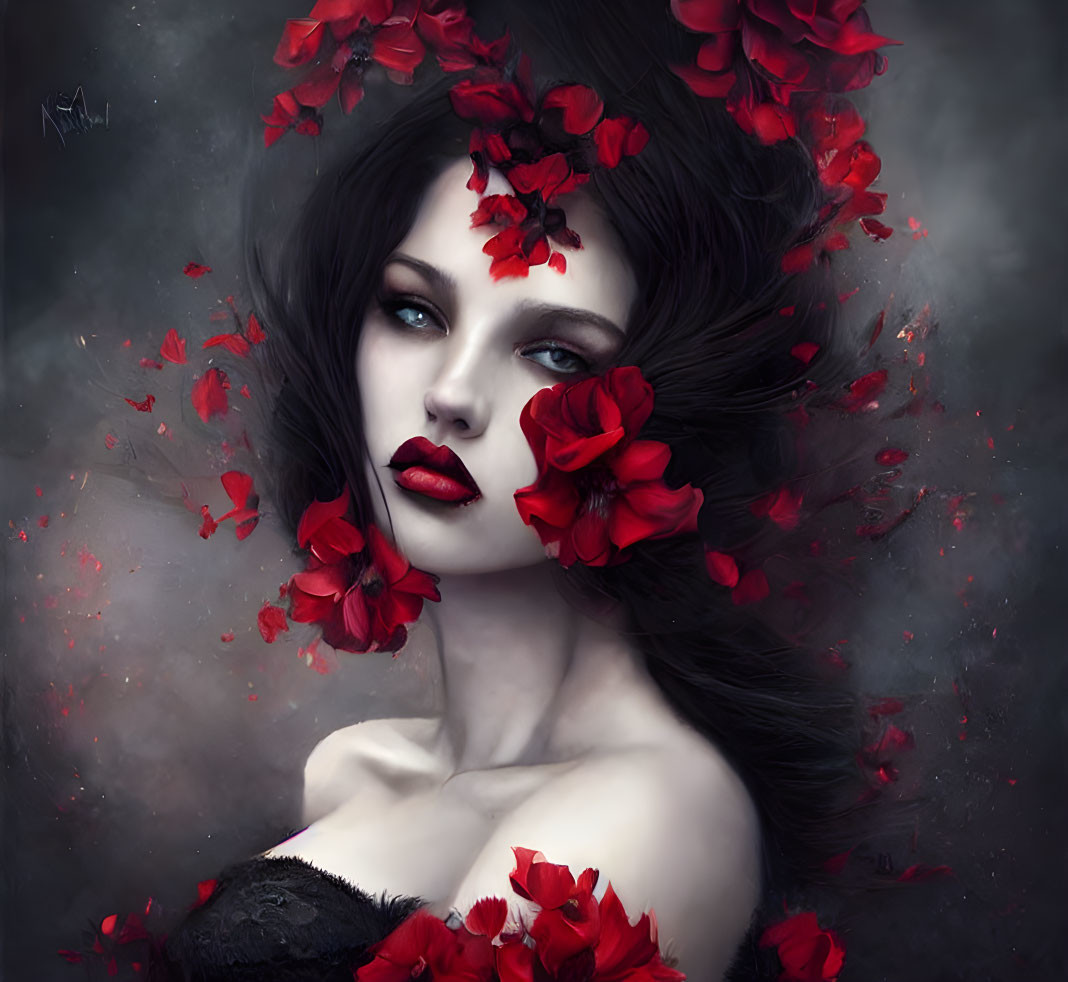 Dark-haired woman with red rose petals on mystical grey background.