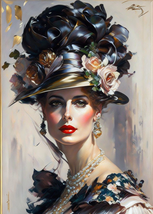 Woman in stylish hat with floral adornments, dramatic makeup, and luxurious jewelry against neutral backdrop