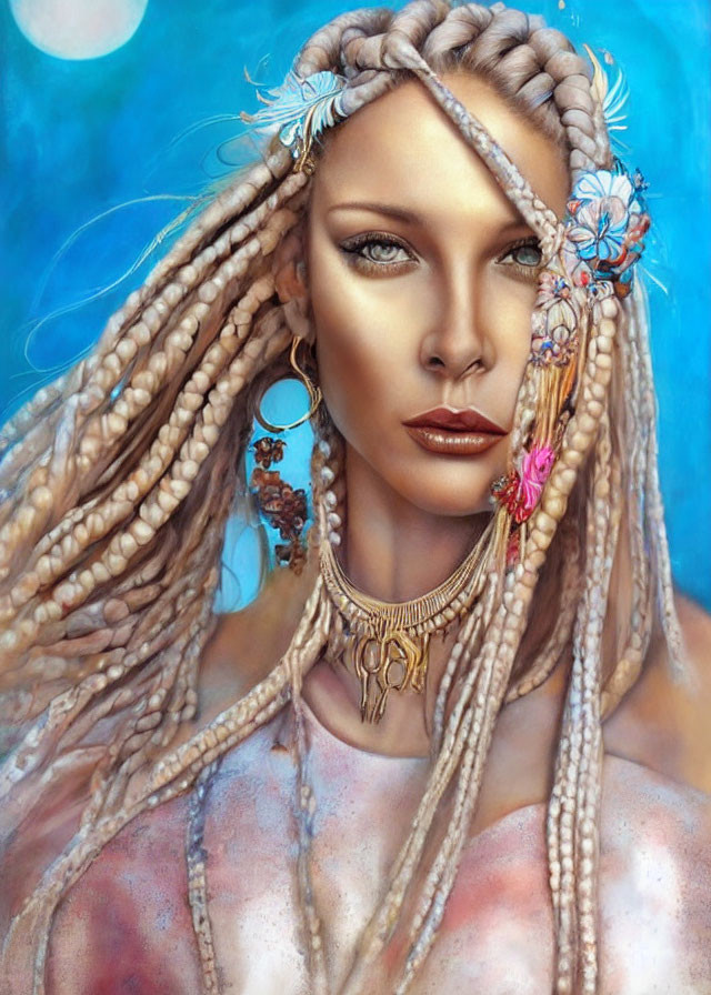 Portrait of woman with braided hair, beads, and flowers on blue backdrop