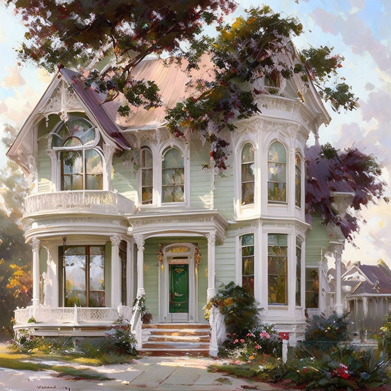 Victorian-style house with green facade and wrap-around porch