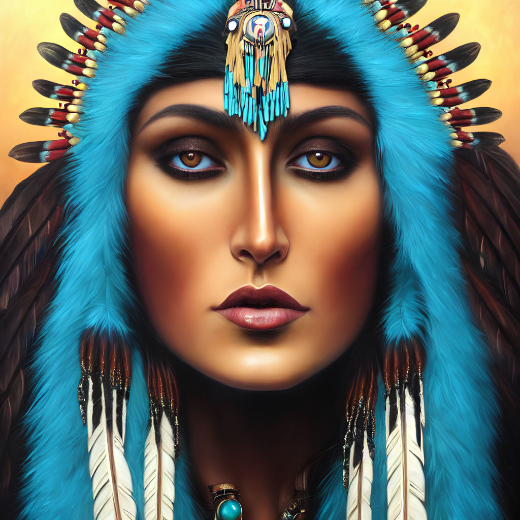 Detailed illustration of a woman in Native American headdress with colorful feathers and turquoise jewelry