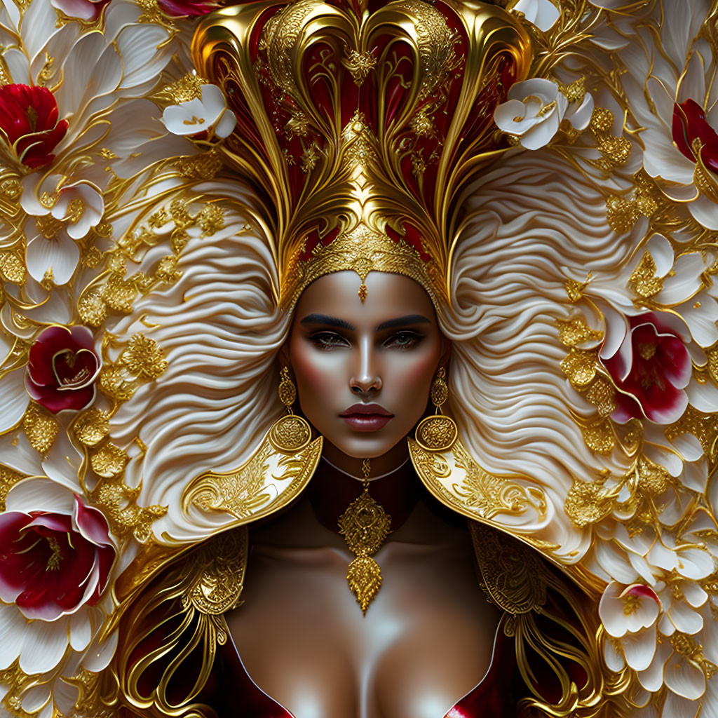 Regal Woman Portrait in Gold with Elaborate Headgear and Flowers