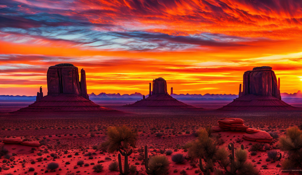 Dramatic red and orange sunset over Monument Valley's iconic landscape