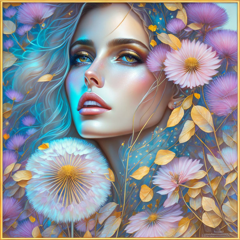 Digital portrait of woman with blue eyes and makeup in surreal floral setting