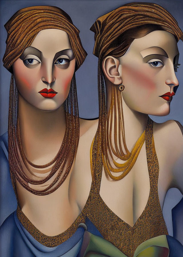 Stylized female figures with elongated necks and bead necklaces on grey background