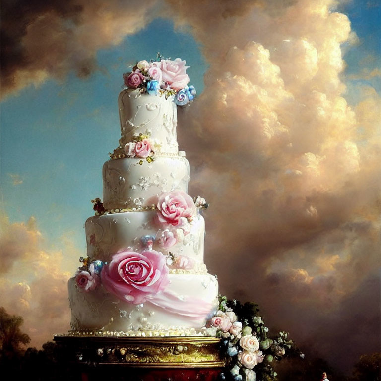 Four-tiered white wedding cake with pastel flowers on red stand against cloudy sky