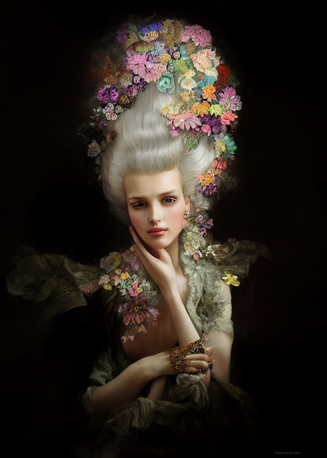 Baroque style woman with floral hairdo and attire, emitting classic romantic vibe