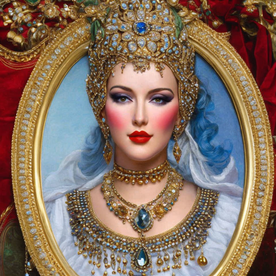 Detailed painting of woman with blue hair and ornate golden jewelry in oval gold frame