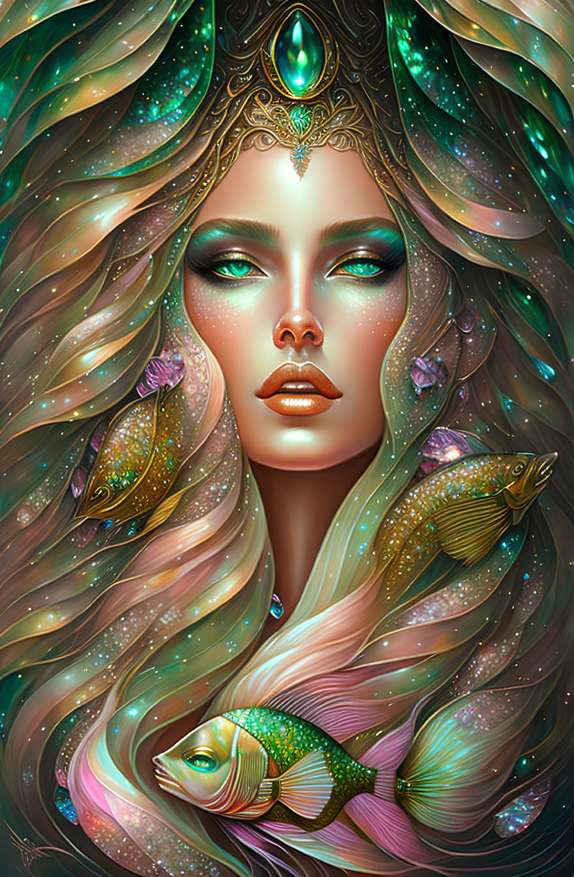 Fantastical portrait of woman with flowing hair and sparkling fish, luminescent tendrils, and