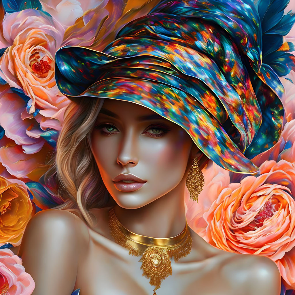 Colorful Woman Portrait with Vibrant Hat and Floral Background