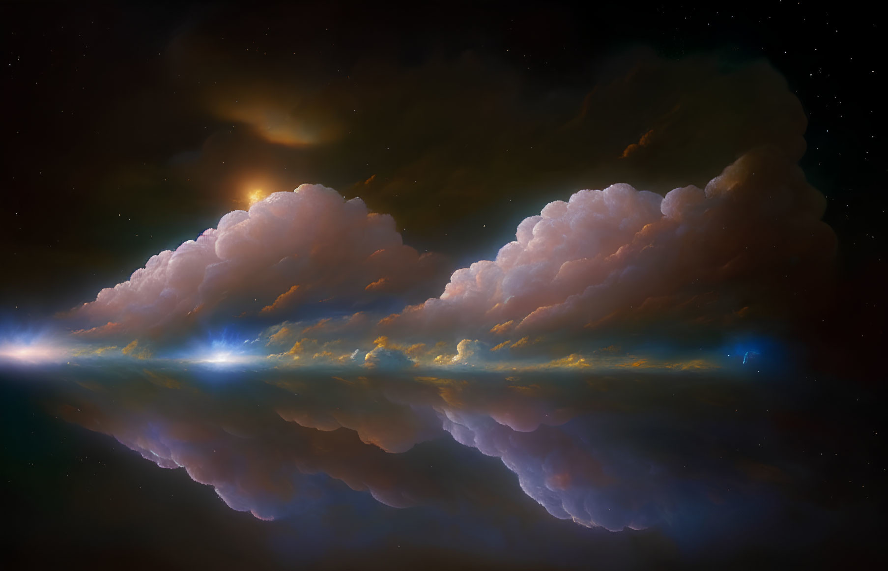 Tranquil cosmic scene: fluffy clouds, warm light, blue stars, dark backdrop