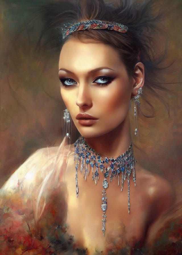 Portrait of woman with striking makeup and crystal accessories against soft abstract background