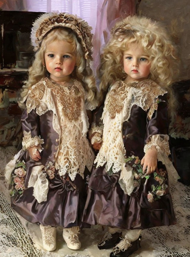Vintage dresses with lace and floral accents on young children.