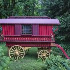 Illuminated caravan in nature with cozy seating and magical ambiance