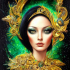 Fantastical portrait of woman with black hair and golden headdress in celestial space.