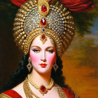 Woman with Golden Headdress & Red Jewelry in Landscape Portrait