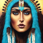 Detailed illustration of a woman in Native American headdress with colorful feathers and turquoise jewelry