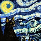 Black Cat Against Starry Night-Inspired Background