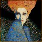 Stylized portrait of woman with ornate orange turban and blue feather collar