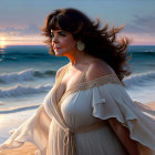 Woman in white dress on beach at sunset with flowing hair