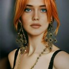 Portrait of young woman with wavy blonde hair, golden crown, blue eyes, and gemstone-ad