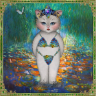 Anthropomorphic Cat with Green Eyes and Wavy Hair in Colorful Suit and Bowtie on Floral