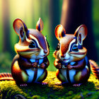 Animated chipmunks in clothes on mossy log in vibrant forest