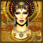 Woman with solemn expression adorned in intricate golden jewelry and ornate halo.