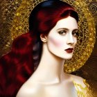 Red-Haired Woman Portrait with Gold Jewelry on Ornate Golden Background