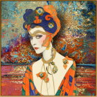 Stylized portrait of a woman with brown hair in pale headdress amid colorful abstract flowers. Orange